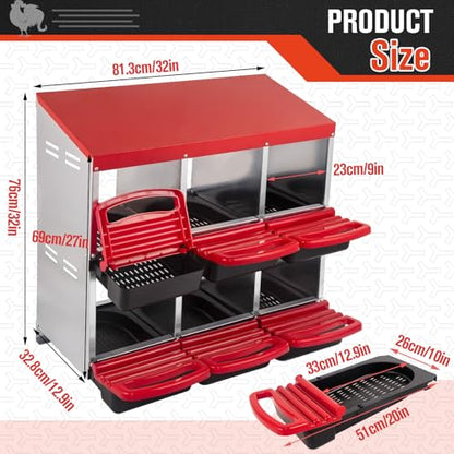 6 Hole Chicken Nesting Box - Heavy Duty Red Metal Roll Away Egg Laying Box for Hens with Perch & Ventilation - Wall Mount Poultry Coop Nest Box with Removable Tray