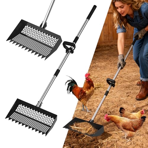 Chicken Poop Scooper & Rake 2-in-1 – 12 Inch Shovel Head & 3-Angle Adjustable Stainless Steel Handle, Chicken Litter Scoop and Coop Rake & Sand Sifting Shovel for Chicken Coops, Black - color: Black