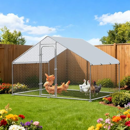 Outdoor Metal Chicken Coop Large Walk-in Poultry Cage Spire-Shaped Chicken Run with Waterproof and Anti-Ultraviolet Cover for Outside,Backyard and Farm,4.9' L*9.8' W*6.4' H - size: 58.8"L x 117.6"W x 76.8"H