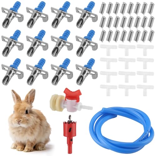 Automatic Rabbit Watering System, Include 12 Nipple Drinker, Hose and Valve | Gravity Feed Watering Kit with Drinking Nipples 28 mm Hole Opener for Rabbits Guinea Pigs Hamsters