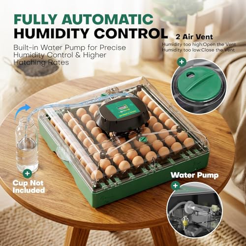 Incubators for Hatching Eggs, 72 Eggs Hatching Incubator with Automatic Egg Turner & Humidity Control & Digital Temp, 360° Clear View for Chicken/Duck/Quail Perfect for Lab School Farm