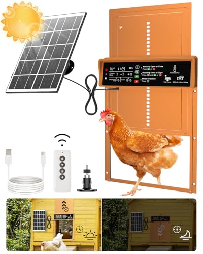 Asfrost Automatic Chicken Coop Door Solar Powered Automatic Chicken Door with Timer & Light Sensor, Anti-Pinch, Durable Aluminum Auto Chicken Door, Charge with 7W Solar Panel & USB - Orange - color: Orange