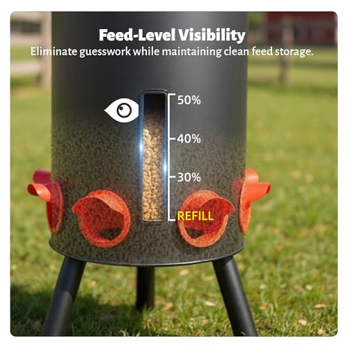 KOL 75 LB Large Free Standing Chicken Feeder, Portable Gravity Chicken Feeder Automatic, Dispenser, 8 Feeding Ports Poultry Feeder for Chicken Rooster & Hen (Black)