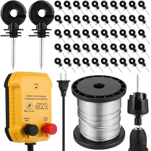 MorningRo Electric Fence Charger Set 110VAC 0.15 Joule Electric Plug in Fence to Contain Pet Poultry Keep Rodent, 50 Black Insulator and 1 Socket Tool 250ft Aluminum Wire for Garden Pond Protection - style: 0.15 Joule