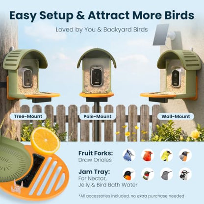 Smart Bird Feeder with Camera, Green | 2.5K UHD, AI Identifies 11,000+ Bird Species, Real-time Videos & Pictures, Solar Powered, Wireless for Outdoor, Gift - color: Green