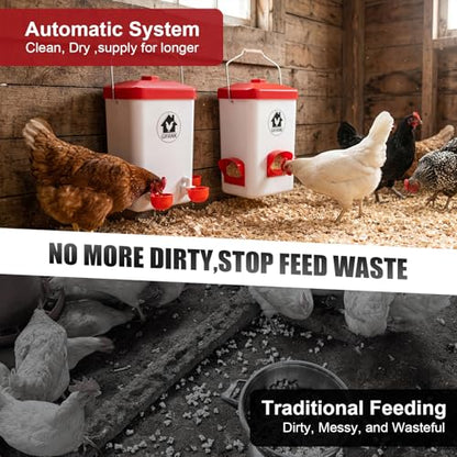 Chicken Feeder and Waterer Set,Hanging Chicken Waterer 3 Gallon | Poultry Water Feeder with Nipples and Feeding Ports No Waste,Chicken Coop Accessories
