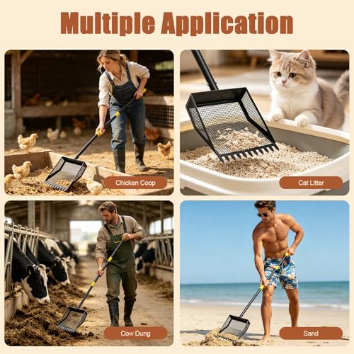 Ihomepark Chicken Poop Scooper & Rake, 42-84" Adjustable Chicken Coop Shovel, 2-in-1 Heavy Duty Iron Sand Sifting Litter Rake for Chicken Coop, Goat, Cat Litter & Barn Yard Waste