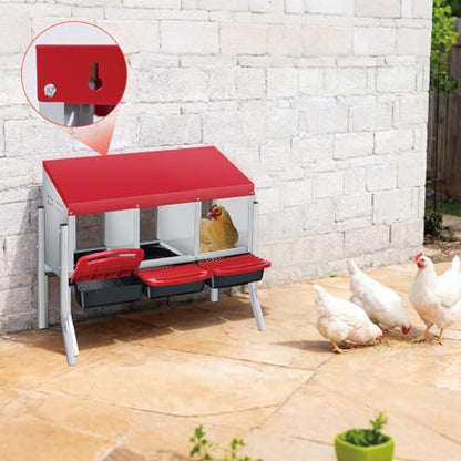 Chicken Nesting Boxes, Heavy-Duty 8-Compartment Metal Chicken Nesting Box – Removable Tray, Ventilation Holes, Easy Egg Collection, Rustproof Galvanized Steel - Red - 3 - Slot - with Legs - color: Red, size: 3 - Slot - With Legs - Upgraded Version