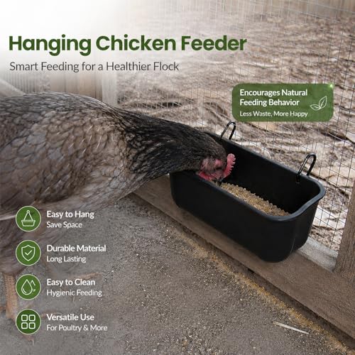 Chicken Feeder and Waterer 2 Pack, Hanging Fence Feed Trough with Clips, Chicken Coop Accessories Goat Duck Deer Poultry Feeder Livestock Feeding Container Trough, Black