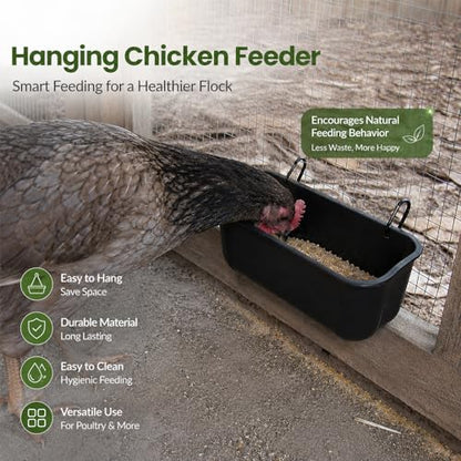 Chicken Feeder and Waterer 2 Pack, Hanging Fence Feed Trough with Clips, Chicken Coop Accessories Goat Duck Deer Poultry Feeder Livestock Feeding Container Trough, Black