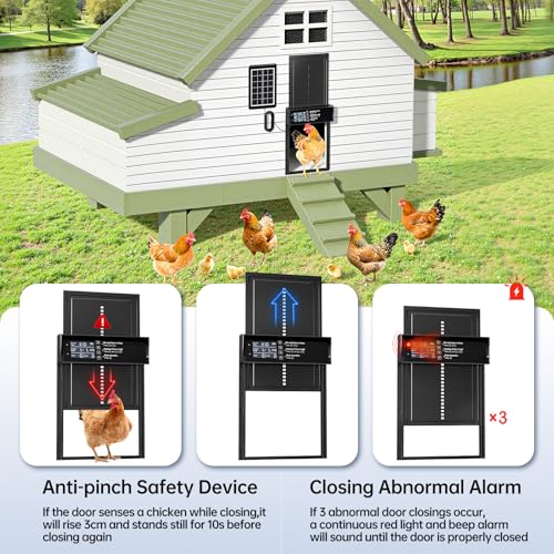 Solar Chicken Coop Door, Automatic Chicken Door Solar Powered & USB Charging, Auto Chicken Door 4 Modes with Timer & Light Sensor, Anti-pinch & Alert, Remote, LED Screen, Aluminum Waterproof Coop Door