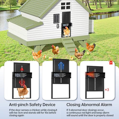 Solar Chicken Coop Door, Automatic Chicken Door Solar Powered & USB Charging, Auto Chicken Door 4 Modes with Timer & Light Sensor, Anti-pinch & Alert, Remote, LED Screen, Aluminum Waterproof Coop Door