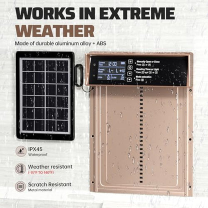 Solar Chicken Coop Door, Automatic Chicken Door Solar Powered & USB Charging, Automatic Chicken Door 4 Modes with Timer & Light Sensor, Anti-Pinch & Alert, Remote, LED Screen -Rose Gold