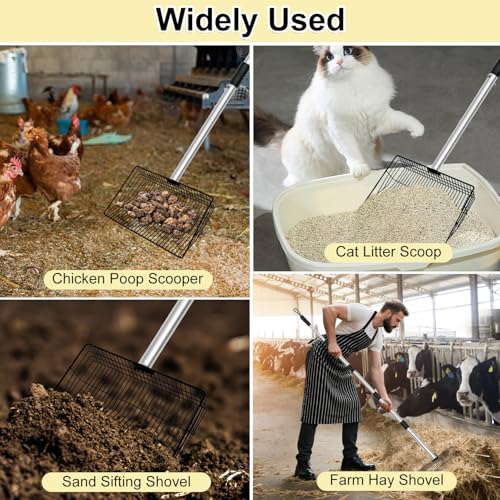 Chicken Poop Scooper, 10inch Large Chicken Coop Scooper for Sand with 32 to 67" Adjustable Stainless Steel Handle, Chicken Coop Scoop Metal Sifting Shovel for Chicken Coops & Small Farm Animals