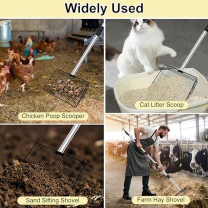 Chicken Poop Scooper, 10inch Large Chicken Coop Scooper for Sand with 32 to 67" Adjustable Stainless Steel Handle, Chicken Coop Scoop Metal Sifting Shovel for Chicken Coops & Small Farm Animals
