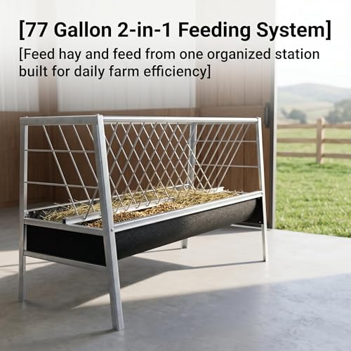 Sheep Trough, 55Gal Hay 22Gal Grain Dual Compartment Livestock Hay Feeder, Stainless Steel Goat Hay Feeder Large Capacity Pasture Grain & Hay Feeder for Goat Sheep Cattle.
