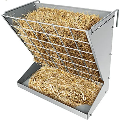 Wall Mount Hay Rack, Heavy-Duty Galvanized Metal 2 in 1 Hay and Grain Feeder, Livestock Feeder with Adjustable Distance, Hay Feeder for Goats, Sheep, Horse - color: Silver