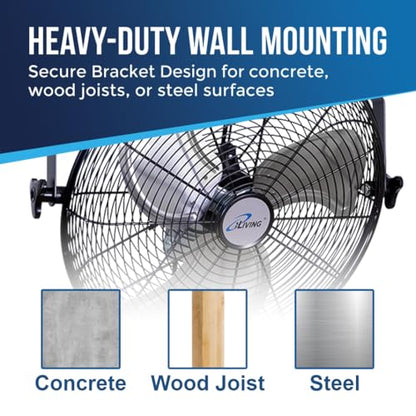 iLiving 20 Inch Wall Mount Fan, 4750 CFM High Velocity Metal Fan with 3 Speeds, Sealed Motor & 360° Tilt, Heavy Duty Wall/Ceiling Mount Fan for Garage, Warehouse, Barn, Greenhouse, Workshop - size: 20 Inches