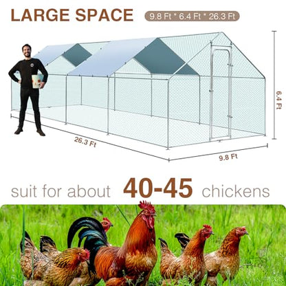 Large Metal Chicken Coop for 40-45 Chickens, Walk-in Chicken Run, Chicken Pen Outdoor W/Cover, Waterproof & Anti-UV, 26.3' D x 9.8' W x 6.4' H, Wire Mesh Poultry Cage for Yard #LYJL08JD-US - size: 315.6"L x 117.6"W x 76.8"H, style: Spire Roof