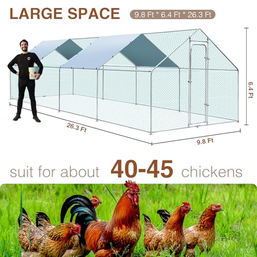 Large Metal Chicken Coop for 40-45 Chickens, Walk-in Chicken Run, Chicken Pen Outdoor W/Cover, Waterproof & Anti-UV, 26.3' D x 9.8' W x 6.4' H, Wire Mesh Poultry Cage for Yard #LYJL08JD-US - size: 315.6"L x 117.6"W x 76.8"H, style: Spire Roof