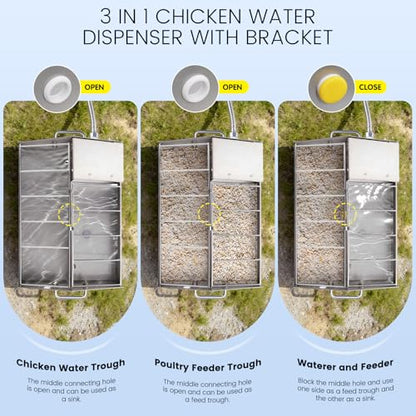 3 in 1 Automatic Chicken Waterer and Feeder Set with Float Valve | Stainless Steel Chicken Water Feeder, Poultry Waterer Dispenser Drinker Watering System for Outdoor Coop Duck Turkey Quail