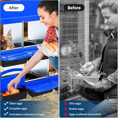 Chicken Nesting Box, 6 Hole 2 Layer Hen Nest Boxes with Legs, Roll-Away Egg Collection System with Ventilation Holes，Rustproof Plastic Tray & Keyhole Mounting, Chicken Laying Box - color: Blue, size: 6 holes
