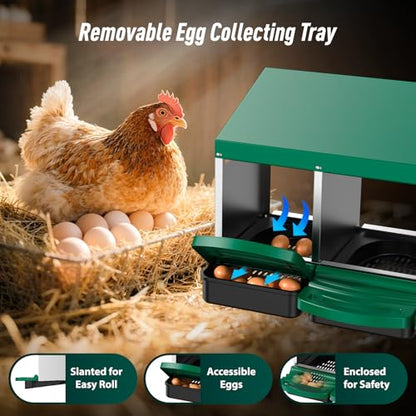 Nesting Boxes for Chickens, Roll Away Nesting Box for Laying Hens, Metal Rollout Chicken Nest Box with Egg Collection Drawer & Protective Lid, Wall Mount Chicken Coop Nest Box, 3 Compartments - color: Green