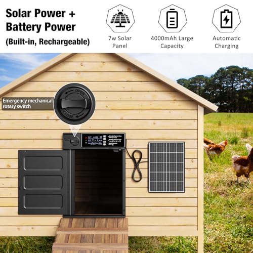 Automatic Chicken Coop Door, Large Size Solar Powered Coop Door with Opening in Emergency, Anti-Pinch, Timer & Light Sensor, Aluminum Waterproof Auto Chicken Door, with 7W Solar Panel