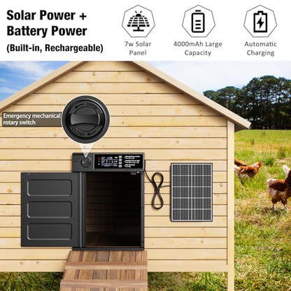 Automatic Chicken Coop Door, Large Size Solar Powered Coop Door with Opening in Emergency, Anti-Pinch, Timer & Light Sensor, Aluminum Waterproof Auto Chicken Door, with 7W Solar Panel
