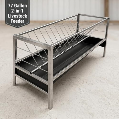 Hay Feeder, 77 Gallon Stainless Steel Goat Feeder for Goats Sheep Calves Horses, Anti-Waste Goat Feeder with Rubber Trough Livestock Feeder