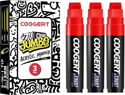 Coogert 3Pcs Red Jumbo Poster Markers, 15MM Thick Permanent Acrylic Graffiti Markers, Wide Tip Paint Marker for Canvas, Posters Board, Fabric, Window, Glass, Wood, Teachers,Banner painting supplies - color: Red