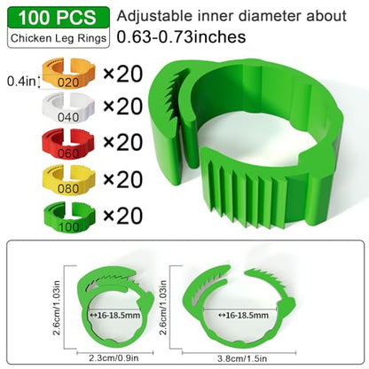 Adjustable 100 Pcs Chicken Leg Rings, Colorful Numbered Chicken Identification Leg Bands, Durable Poultry Leg Bands for Chickens Ducks Goose Turkey