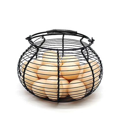 CVHOMEDECO. Elegant Wire Egg Basket with swimming Handle Primitives Vintage Gathering Basket. Black - size: 7-3/4" Dia. x 5" H - Black