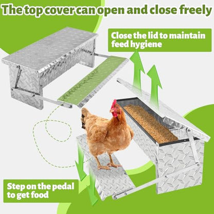 Treadle Chicken Feeder Automatic Large Poultry Feeders Capacity Treadle Self Opening Pou with Weatherproof Lid Rain Cover for Roosters Pheasant Chicken Outdoor Coop Silver Full Aluminum(18lbs/5000g) - size: 18LB Capacity