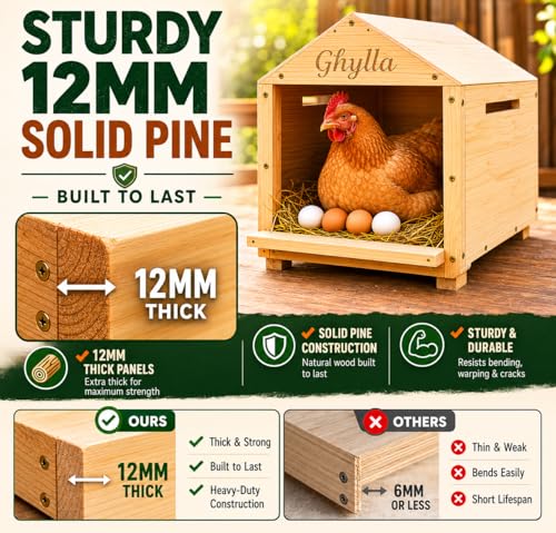 Chicken Nesting Box for Laying Eggs, Extra Large Wooden Hen Box, Solid Pine, Spacious & Comfortable, Ventilated Design, Easy Assembly, Wall or Ground Use