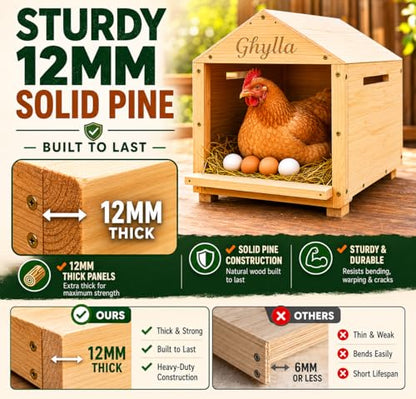 Chicken Nesting Box for Laying Eggs, Extra Large Wooden Hen Box, Solid Pine, Spacious & Comfortable, Ventilated Design, Easy Assembly, Wall or Ground Use