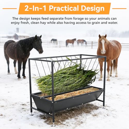 70 Gallon Pasture Hay Feeder, Heavy-Duty 2-in-1 Livestock Feeder with Grain Trough, Galvanized Steel Hay Rack for Goats, Sheep, Calves & Miniature Horses, Weather Resistant Farm Manger