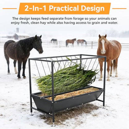 70 Gallon Pasture Hay Feeder, Heavy-Duty 2-in-1 Livestock Feeder with Grain Trough, Galvanized Steel Hay Rack for Goats, Sheep, Calves & Miniature Horses, Weather Resistant Farm Manger
