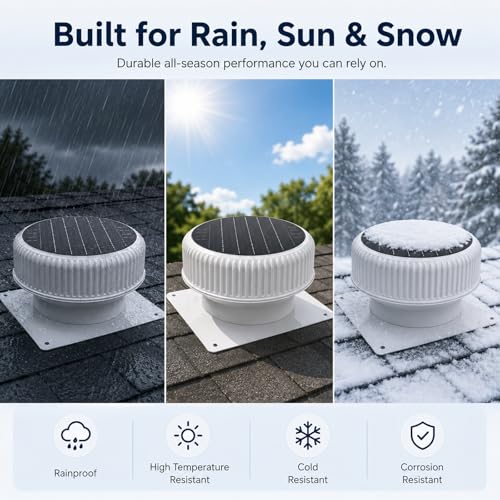 30W Round White Solar Attic Fan, 12 Inch | 1800 CFM, Solar Powered Roof Exhaust, Controller-Free Auto Ventilation, Heavy-Duty Copper Motor Weatherproof - color: White+Round 1