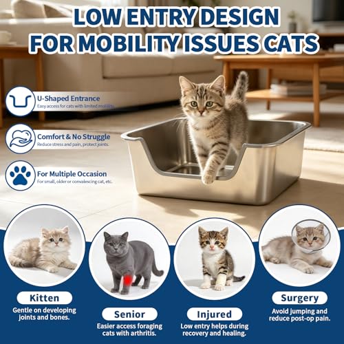 FHTONGE Low Entry Stainless Steel Cat Litter Box, Splash-Proof High Wall Metal Kitty Litter Box Kitten Toilet for Senior Arthritis Surgery Injured Disabled Munchkin Smaller Pregnant Cat, 15.8x13.8 - size: 15.8x11.8"(40x30cm) for Kitten