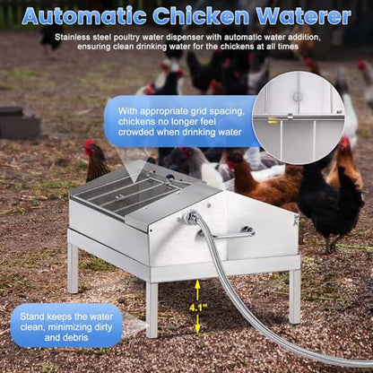 3 in 1 Automatic Chicken Waterer and Feeder Set with Float Valve | Stainless Steel Chicken Water Feeder, Poultry Waterer Dispenser Drinker Watering System for Outdoor Coop Duck Turkey Quail