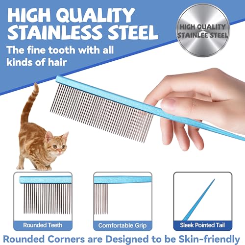 Grooming Pet Comb Rat Tail Dematting Cat and Dog Comb，Rounded Ends Design for Safe Tangle Removal, Hairstyling, Massage，Loose Hair Removal，Prevent Irritation，Fluffing Paws,Face,Tail,Remove Tear Stain - color: Blue