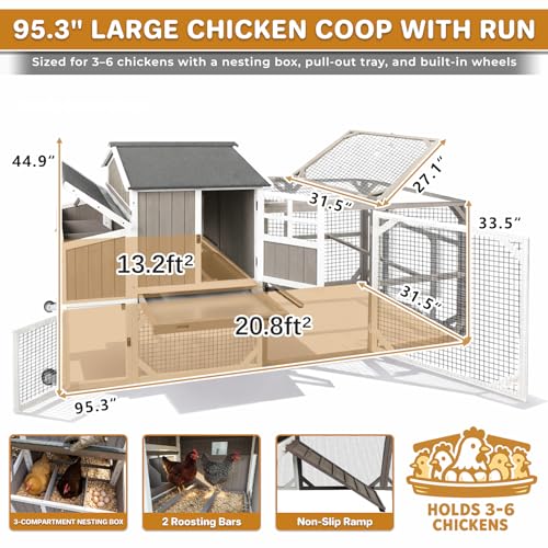 Large 95.3 in Outdoor Chicken Coop with Run & Wheels for 3-6 Chickens | Wooden coop with 3-compartment nesting box, 2 dividers, pull-out tray, UV-resistant roof, predator-resistant wire mesh