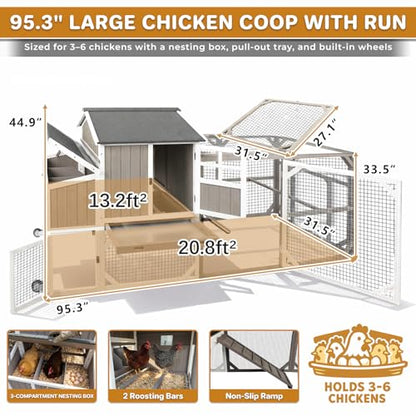 Large 95.3 in Outdoor Chicken Coop with Run & Wheels for 3-6 Chickens | Wooden coop with 3-compartment nesting box, 2 dividers, pull-out tray, UV-resistant roof, predator-resistant wire mesh