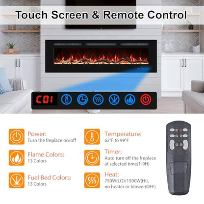 72" Electric Fireplaces Inserts, Recessed & Wall-Mounted Fireplace Heater with Thermostat, Multicolor Flames,Timer, Log & Crystal, 750/1500W - size: 72 inch