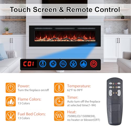 50" Electric Fireplaces Inserts, Recessed & Wall-Mounted Fireplace Heater with Thermostat, Multicolor Flames,Timer, Log & Crystal, 750/1500W - size: 50 inch