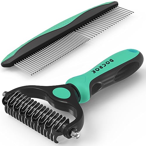 Docrok Pet Grooming Brush and Metal Comb Combo, Cat Brush Dog Brush for Shedding, Undercoat Rake for Dogs Grooming, Dematting Deshedding Brush Dogs Shedding Tool for Long matted Haired Pets, Green - color: Green