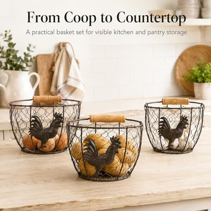 3 Pack 8 Inch Egg Basket for Gathering Fresh Eggs, Farmhouse Wire Holder with Wood Handle, Rustic Metal Round Countertop Storage with Rooster Pattern for Chicken Coop, Kitchen and Pantry