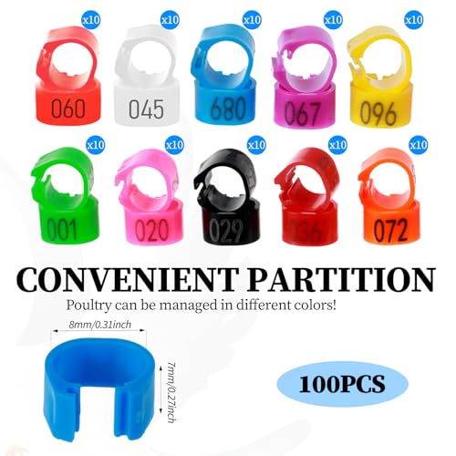 100PCS 8mm Chicken Leg Bands, Plastic Chicken Leg Rings with 8 Colors, Numbered Quail Bird Leg Bands Identification, Ankle Ring for Bantam Finch Dove Lovebird Coturnix Quail Duck Small Birds Supplies