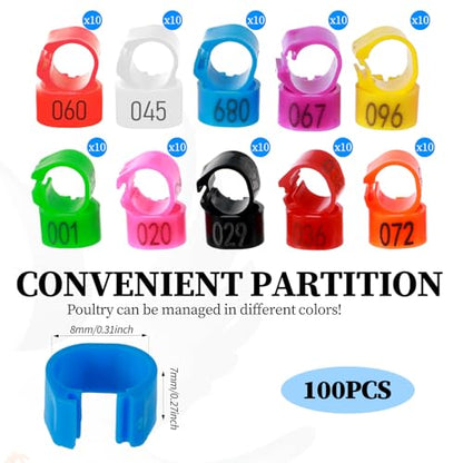 100PCS 8mm Chicken Leg Bands, Plastic Chicken Leg Rings with 8 Colors, Numbered Quail Bird Leg Bands Identification, Ankle Ring for Bantam Finch Dove Lovebird Coturnix Quail Duck Small Birds Supplies